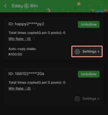 Click on setting to set your auto-copy betting